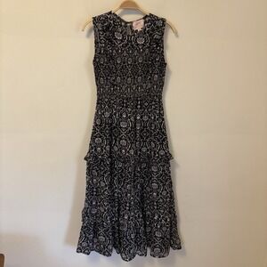 Banjanan Iris Smocked‎ Sleeveless Black Floral Tiered Ruffle Maxi Dress S Cotton